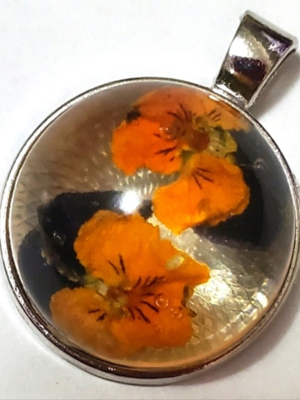 Real Orange Pansy Flower Resin Dome Pendant Necklace Silver Bezel New